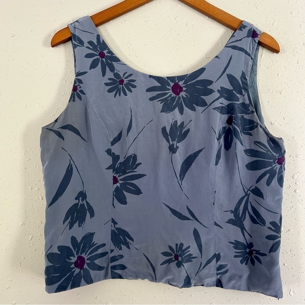 Papell Petites Silk Vintage Blue Floral Tank Top Blouse 12P